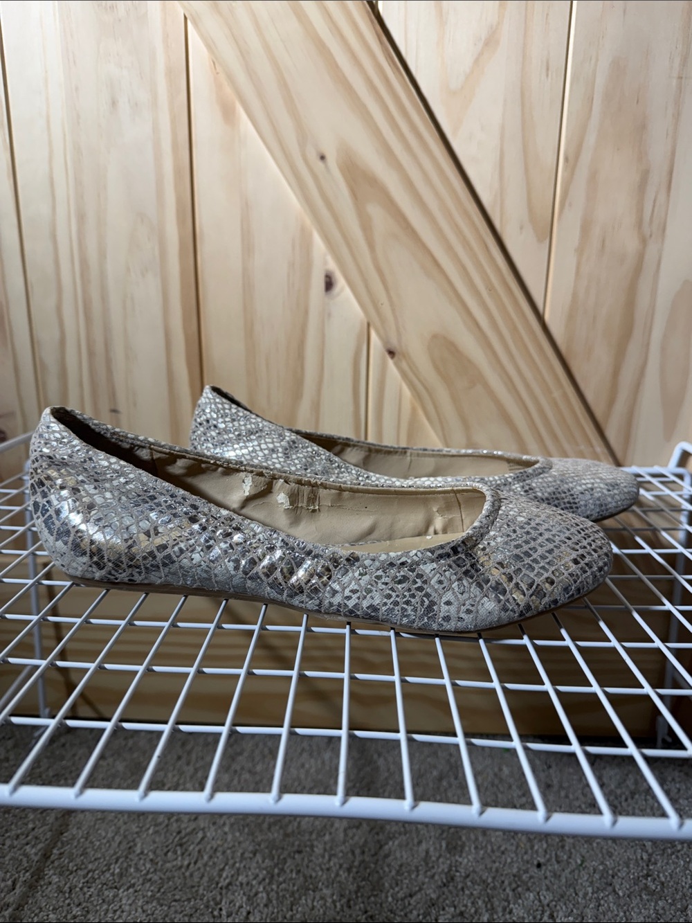 Jessica Simpson Metallic Snake-Print Flats in Beige Silver